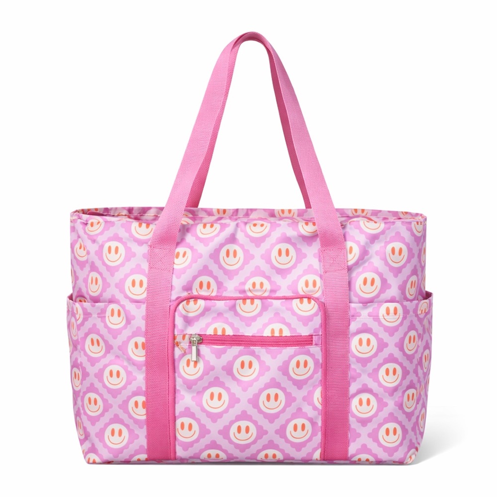 NWT Katydid Pink Smiley Face Oversized Foldable Tote Bag Large Travel Beach Gym